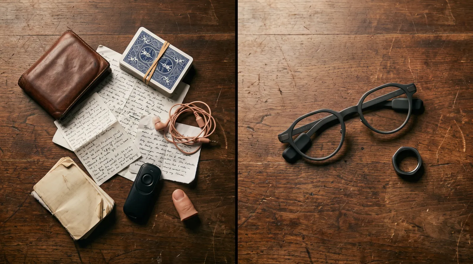 Left: a table covered in a peek wallet, banded deck, crib notes, wired earpiece, clicker, notebook, and thumb tip. Right: the same table holding only the glasses and the ring.