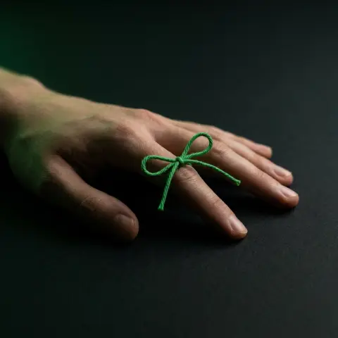 A green string tied around a finger