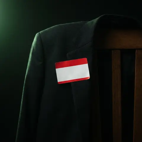 A blank name badge on a suit lapel