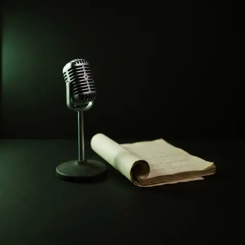 A microphone beside a rolled script