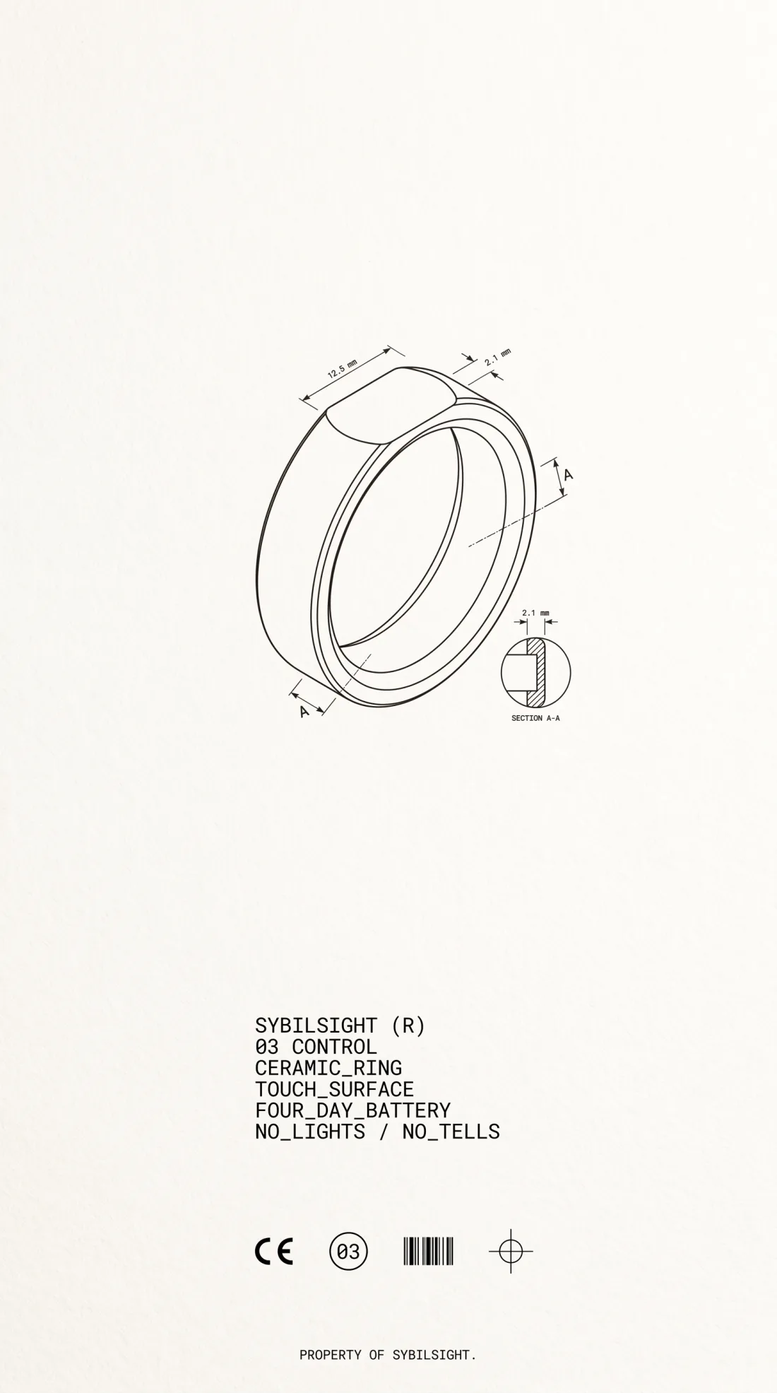 Patent style technical drawing of the R1 control ring with section view and measurements, labeled ceramic ring, touch surface, four day battery, no lights, no tells