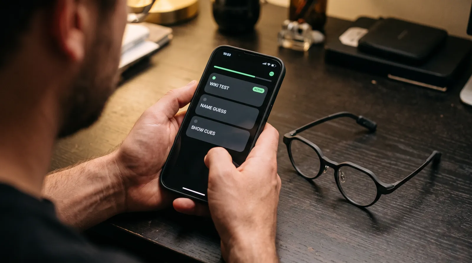 Hands holding a phone showing the routine list beside the glasses on a desk