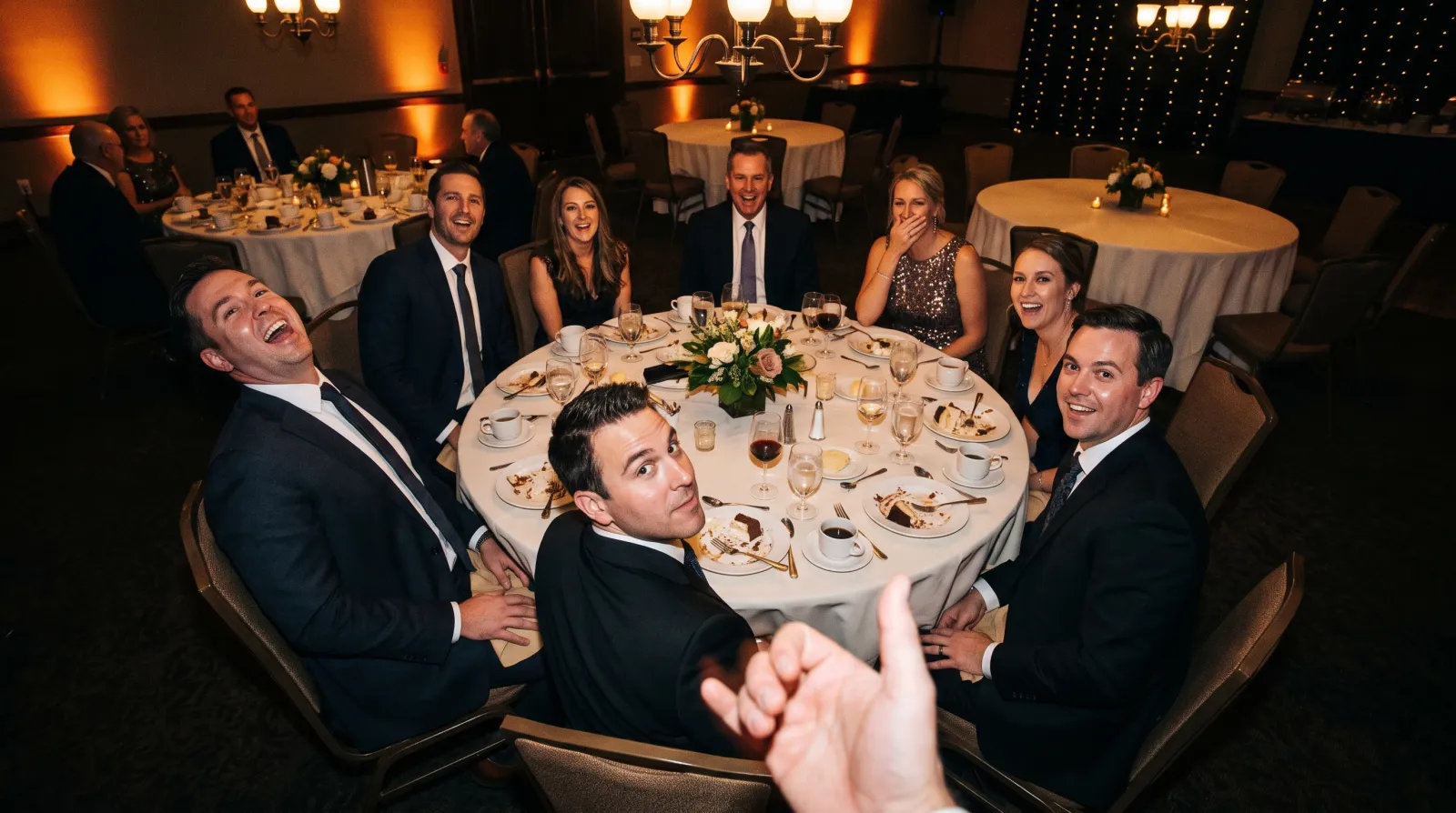 Performer's view across a banquet table while the glasses collect guests' first names