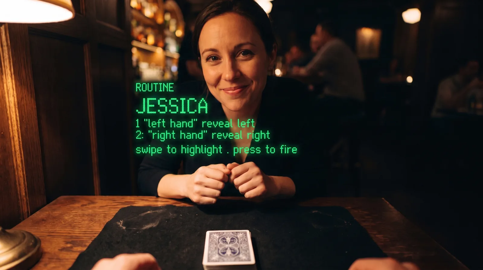 Performer's view through the glasses: a routine named Jessica floats over a bar table, two reveal options each tied to a spoken phrase, with ring controls listed below