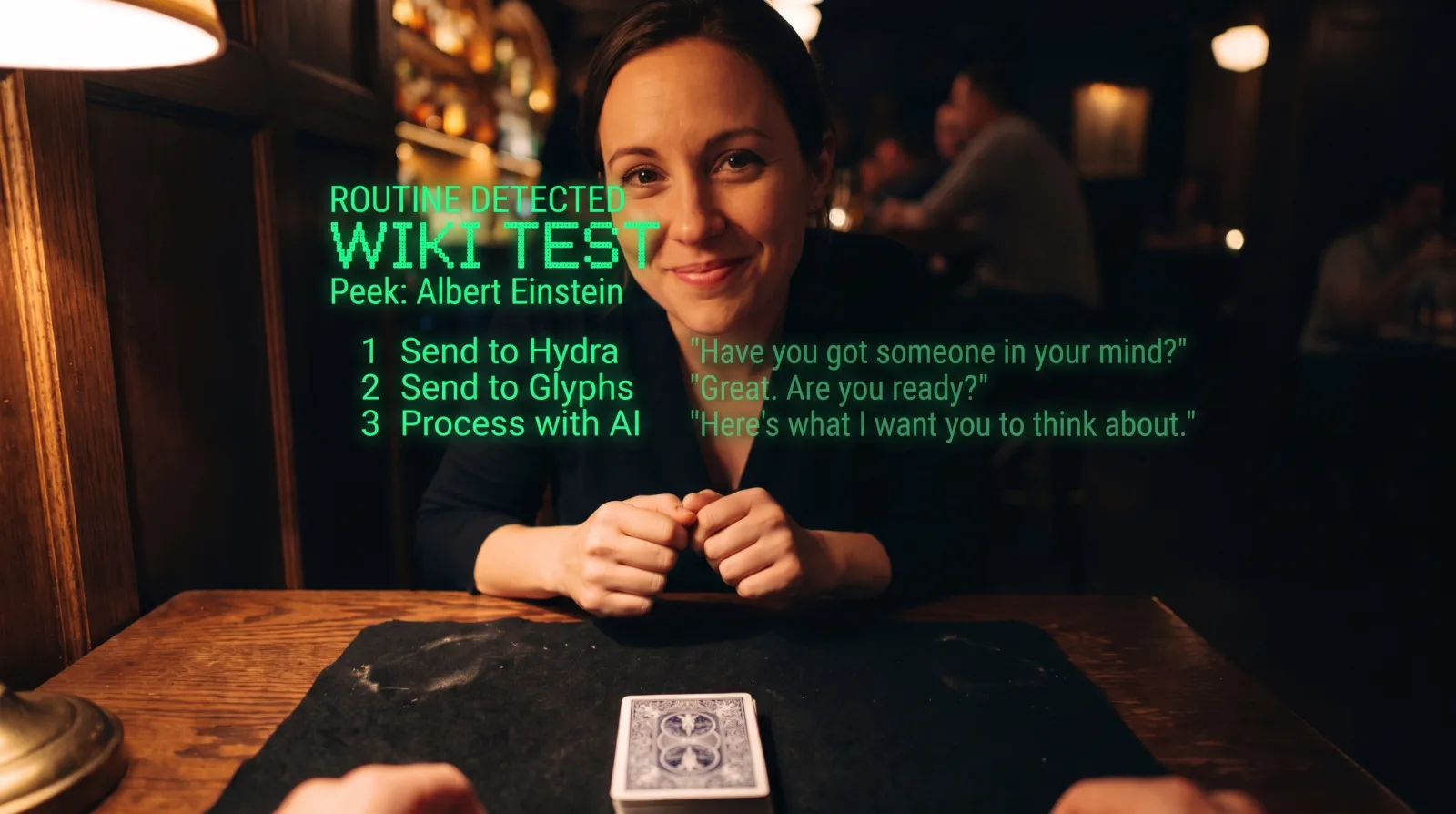 Performer's view through the glasses during a Wiki Test: the peeked word Albert Einstein on screen, three delivery options, and the next script lines, floating over a spectator at a bar table