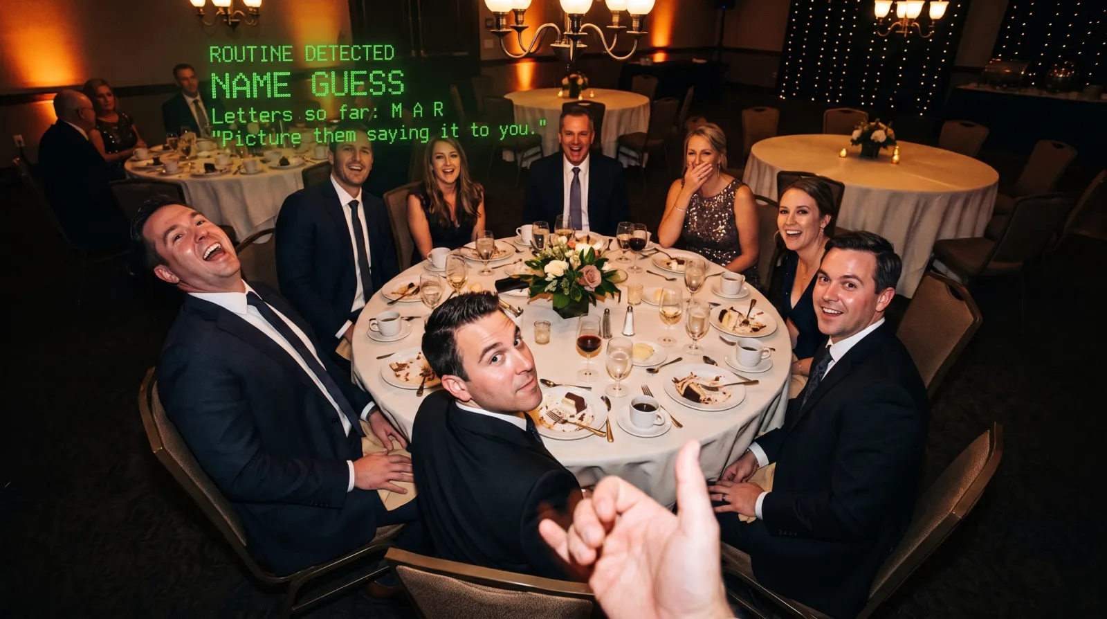 The wearer's view at the banquet: green Name Guess text floating over the table
